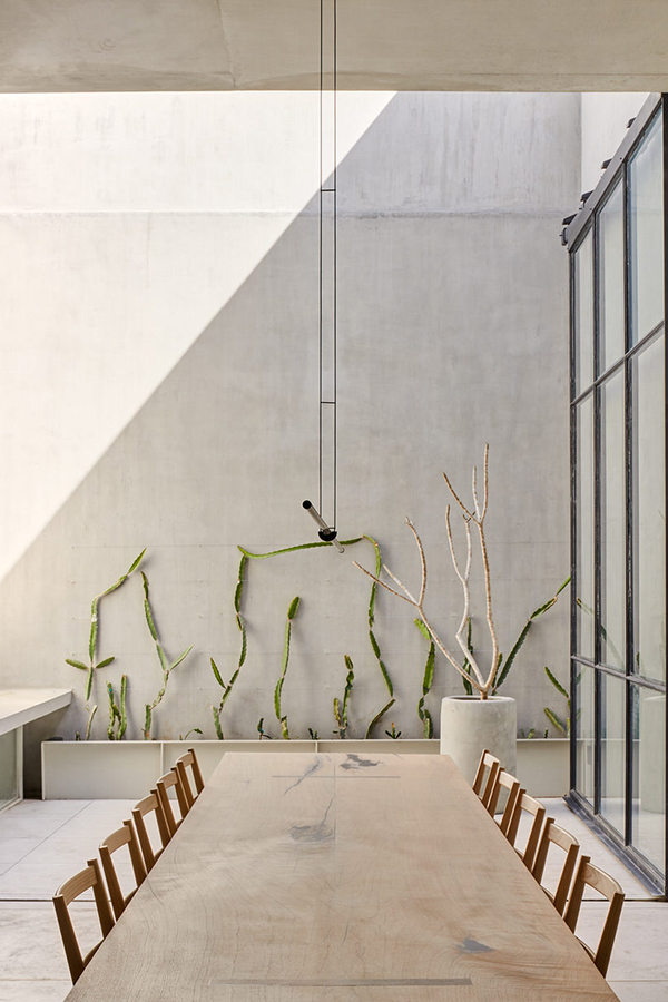 monolithic apartment mexico living dining table, courtyard, dramatic ceiling light, cacti